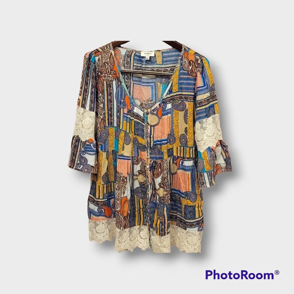 Umgee USA Festival Top with Lace Size Small Multicolor Cotton Polyester